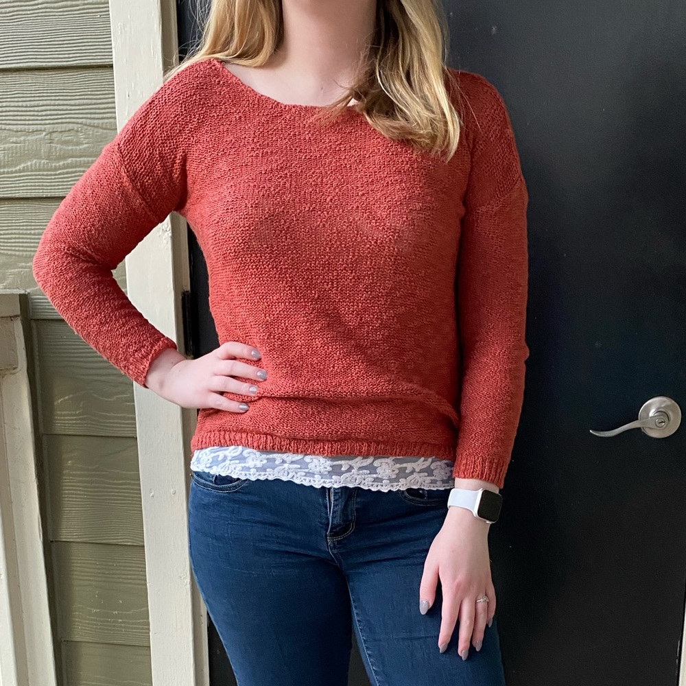 Rib Knit Crochet Sweater with White Lace Trim